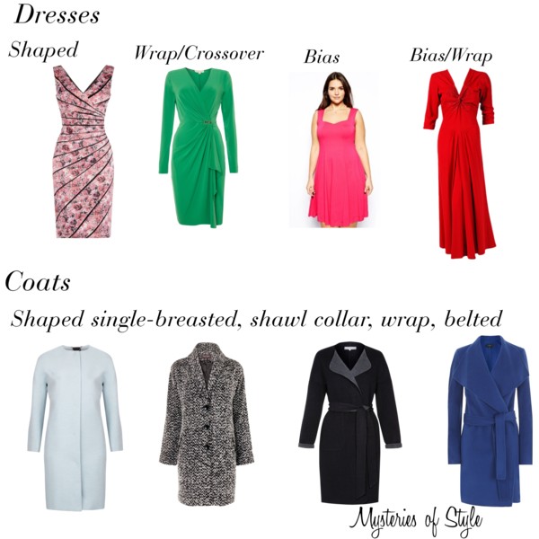 "Dresses and coats for full hourglass body shape